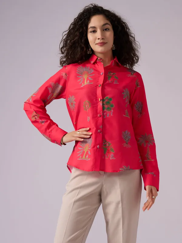 Light_Red_Tree_Print_Cotton_Blend_Shirt_For_Women