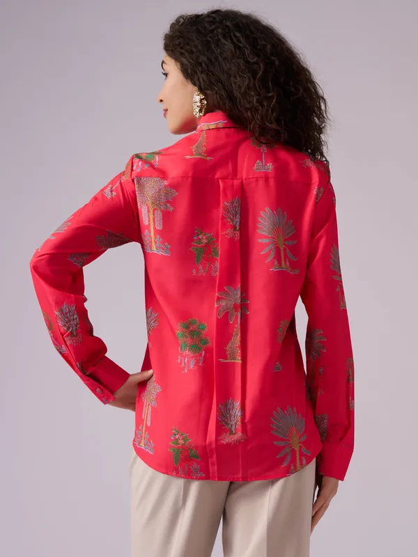 Light_Red_Tree_Print_Cotton_Blend_Shirt_For_Women