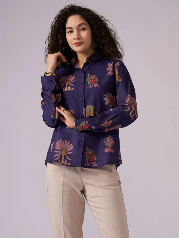 Navy_Blue_Botanical_Print_Cotton_Blend_Shirt_For_Women