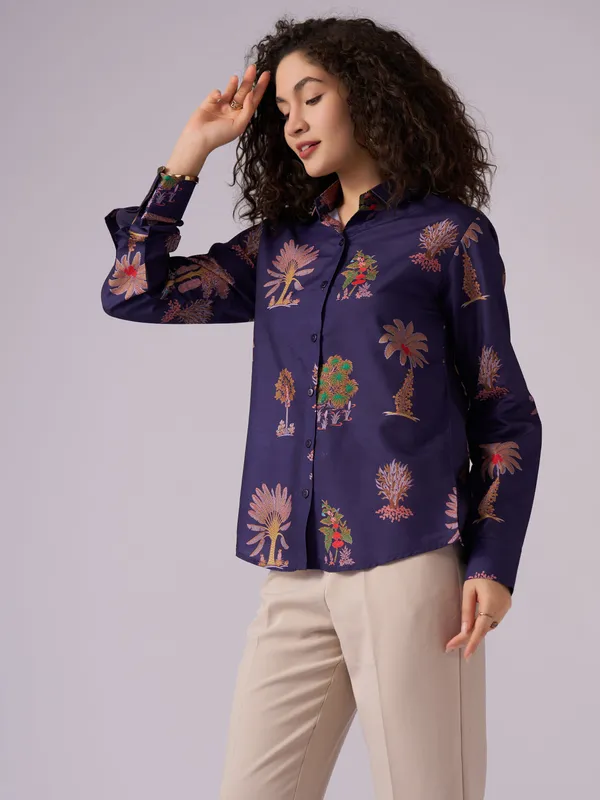 Navy_Blue_Botanical_Print_Cotton_Blend_Shirt_For_Women