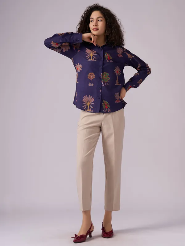 Navy_Blue_Botanical_Print_Cotton_Blend_Shirt_For_Women