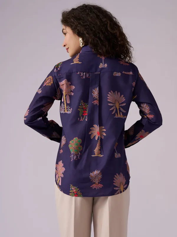 Navy_Blue_Botanical_Print_Cotton_Blend_Shirt_For_Women