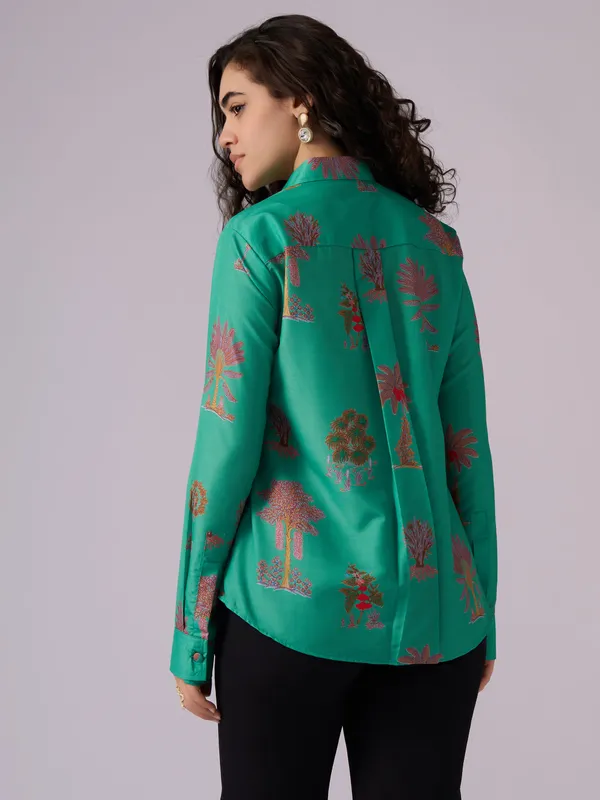 See_Green_Tree_Print_Cotton_Blend_Shirt_For_Women