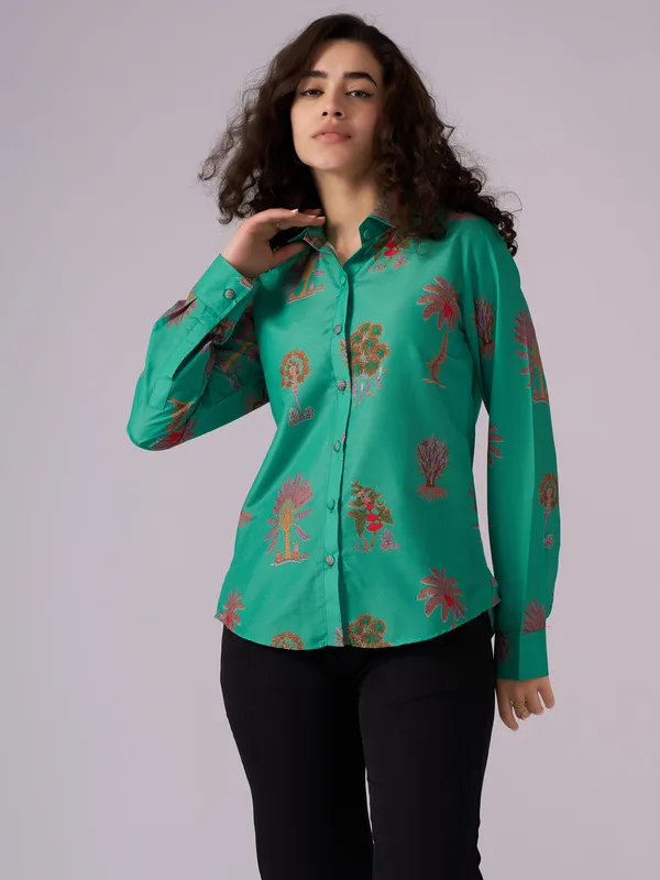 See_Green_Tree_Print_Cotton_Blend_Shirt_For_Women