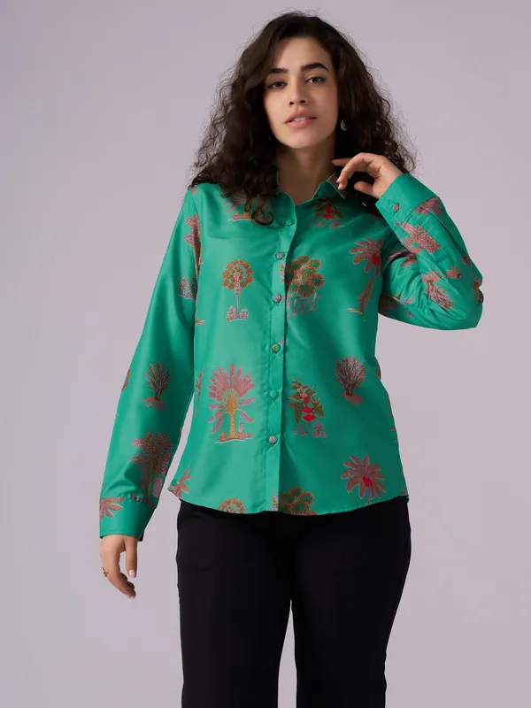 See_Green_Tree_Print_Cotton_Blend_Shirt_For_Women