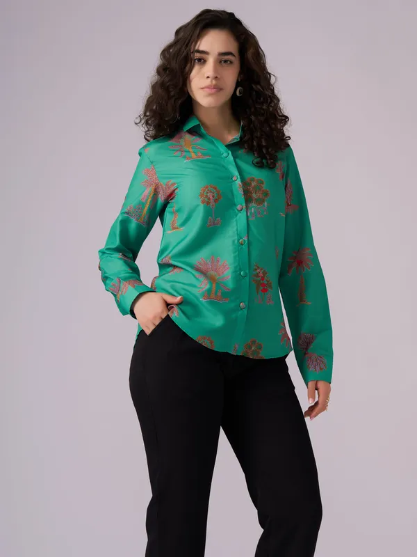 See_Green_Tree_Print_Cotton_Blend_Shirt_For_Women