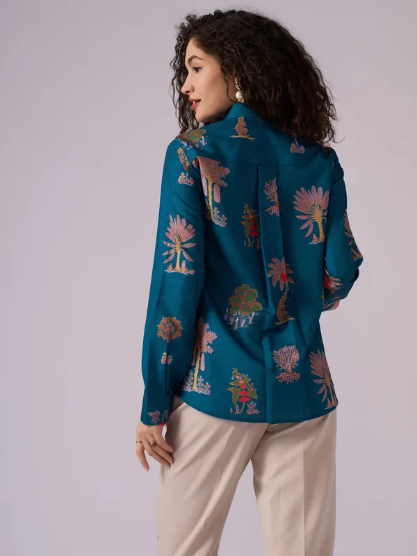 Teal_Blue_Botanical_Print_Cotton_Blend_Shirt_For_Women