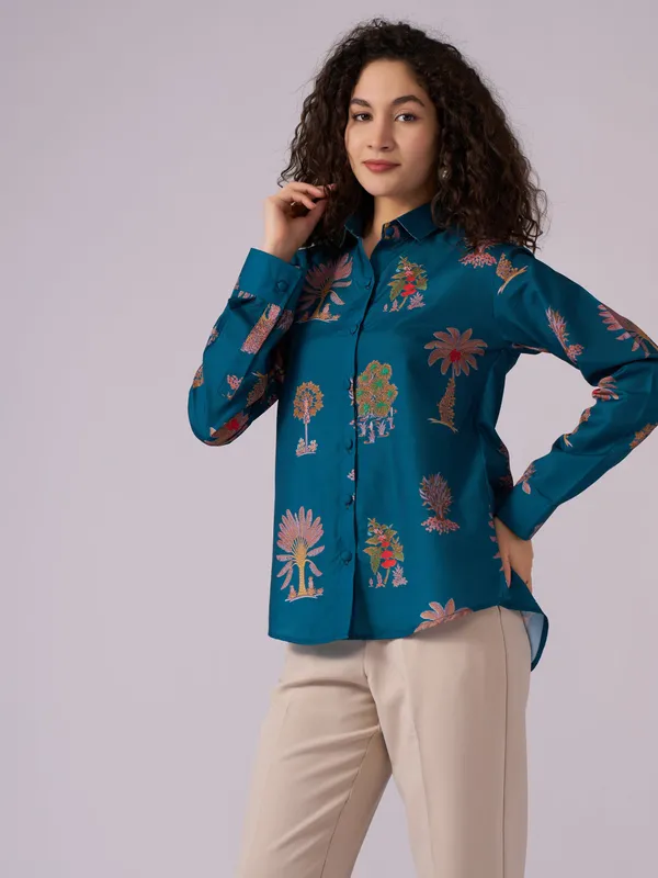 Teal_Blue_Botanical_Print_Cotton_Blend_Shirt_For_Women
