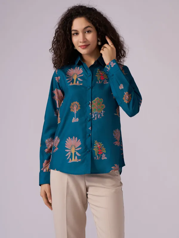 Teal_Blue_Botanical_Print_Cotton_Blend_Shirt_For_Women