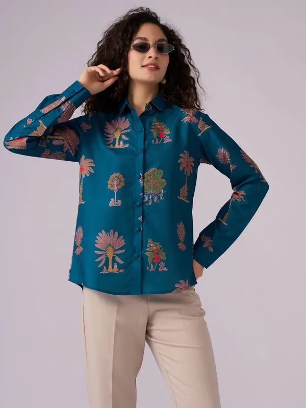 Teal_Blue_Botanical_Print_Cotton_Blend_Shirt_For_Women