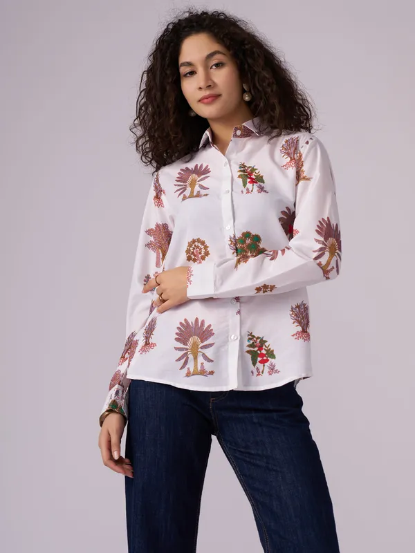 White_Printed_Cotton_Blend_Casual_Shirt_For_Women