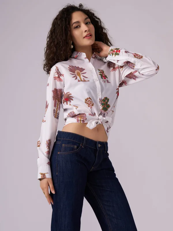 White_Printed_Cotton_Blend_Casual_Shirt_For_Women
