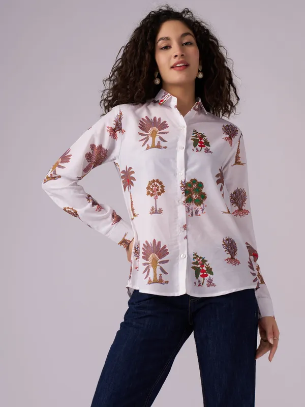 White_Printed_Cotton_Blend_Casual_Shirt_For_Women