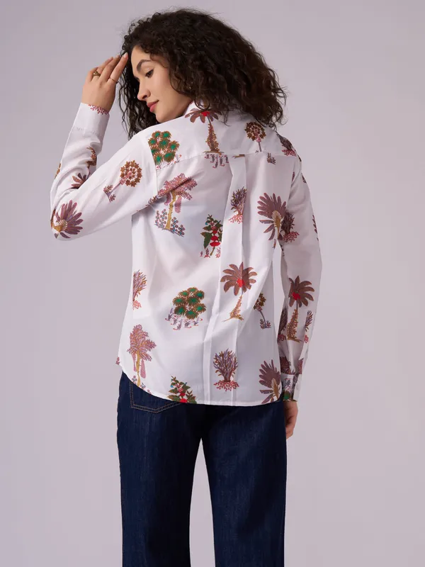 White_Printed_Cotton_Blend_Casual_Shirt_For_Women