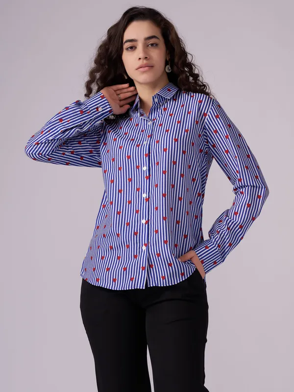 Navy_Blue_Striped_Printed_Long_Sleeve_Shirt_For_Women