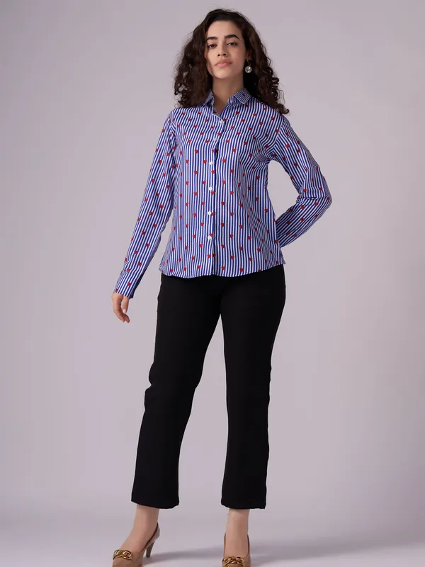 Navy_Blue_Striped_Printed_Long_Sleeve_Shirt_For_Women