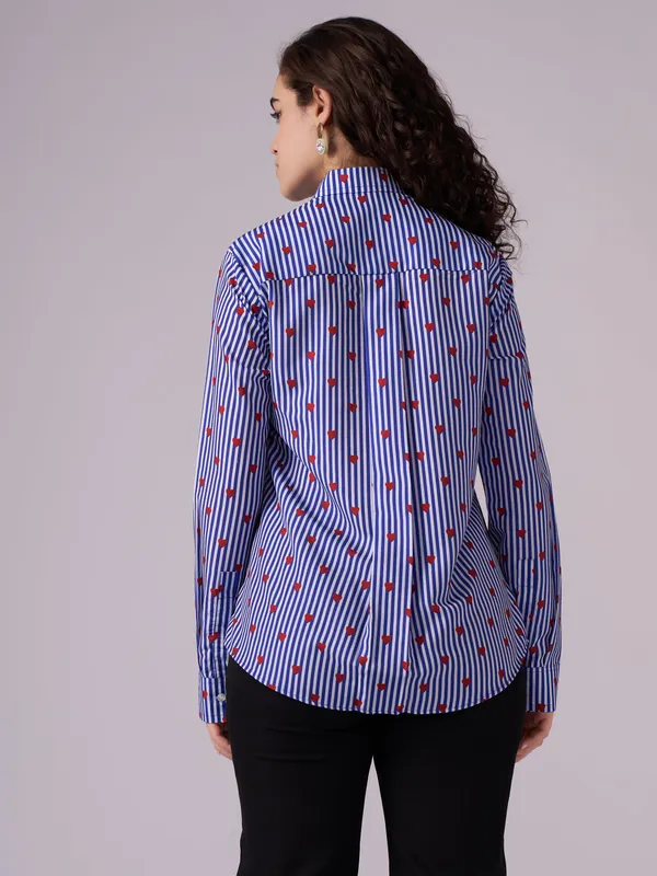 Navy_Blue_Striped_Printed_Long_Sleeve_Shirt_For_Women