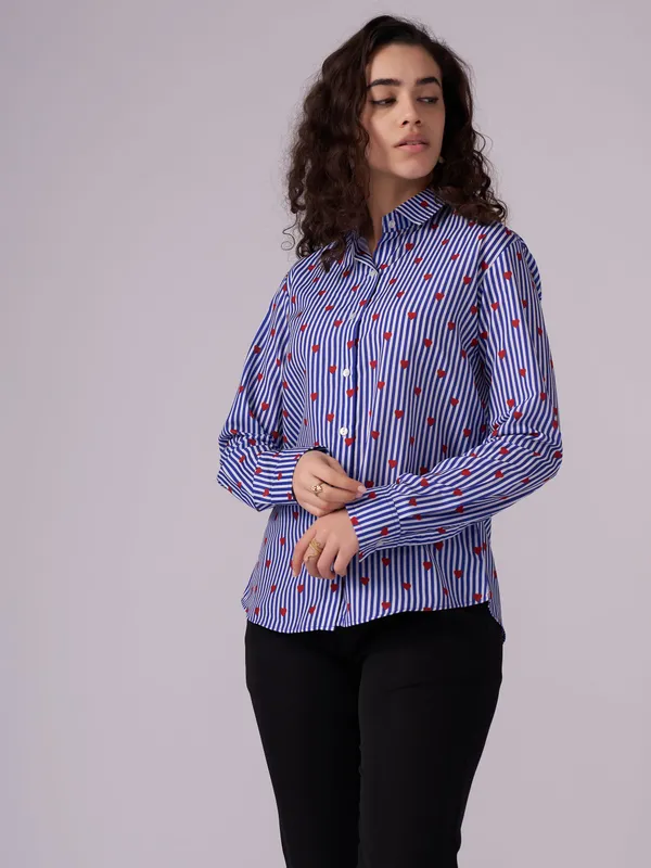 Navy_Blue_Striped_Printed_Long_Sleeve_Shirt_For_Women