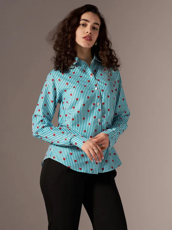 See_Green_Striped_Heart_Print_Shirt_For_Women