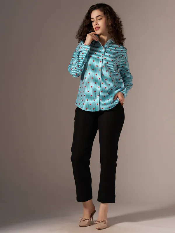 See_Green_Striped_Heart_Print_Shirt_For_Women