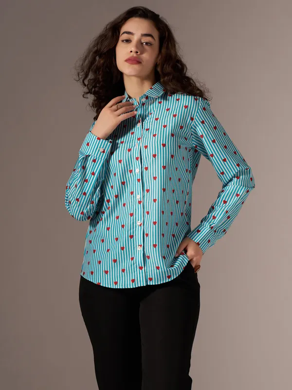 See_Green_Striped_Heart_Print_Shirt_For_Women