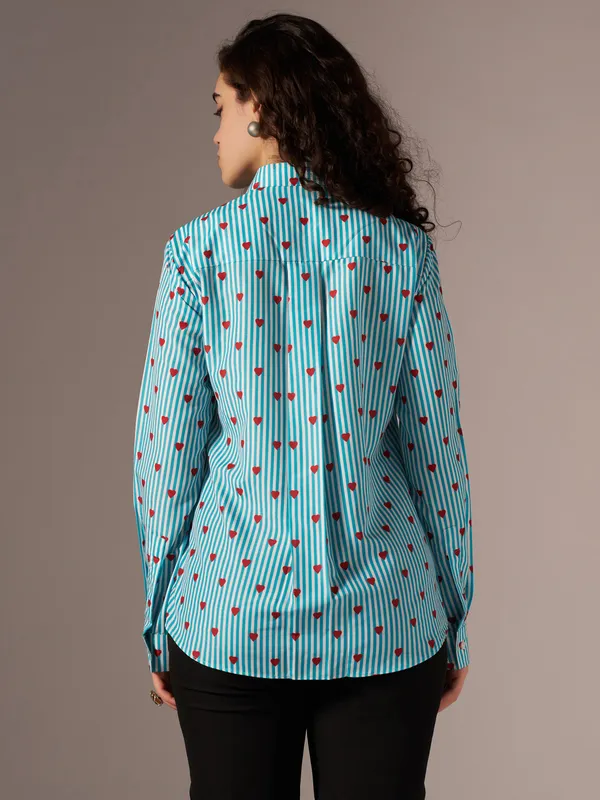 See_Green_Striped_Heart_Print_Shirt_For_Women