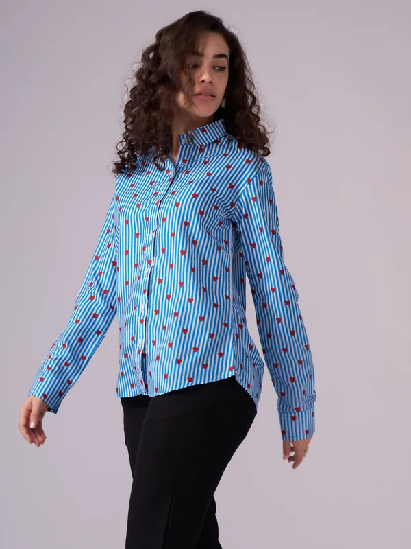 Sky_Blue_And_White_Striped_And_Heart_Printed_Shirt_For_Women