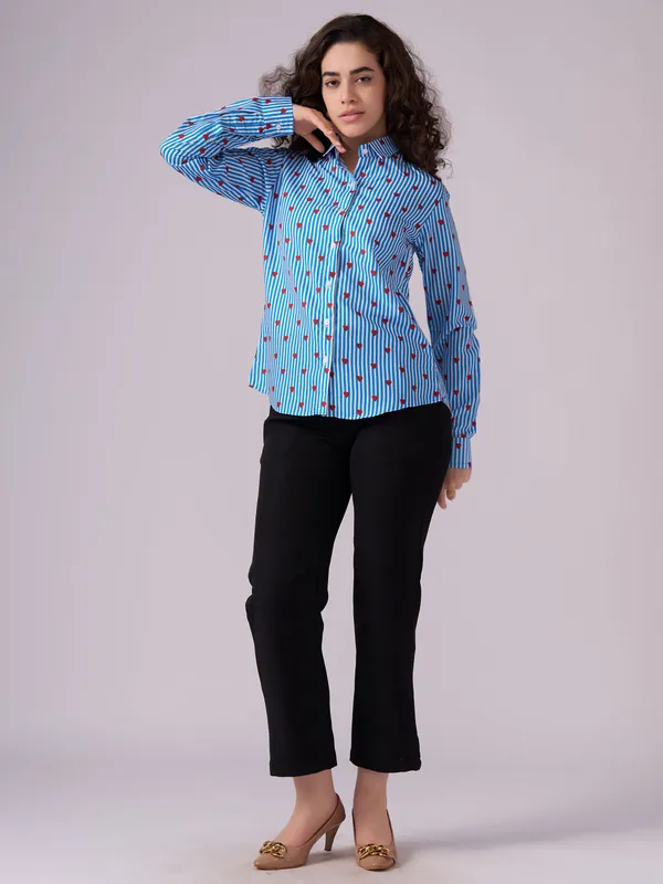 Sky_Blue_And_White_Striped_And_Heart_Printed_Shirt_For_Women