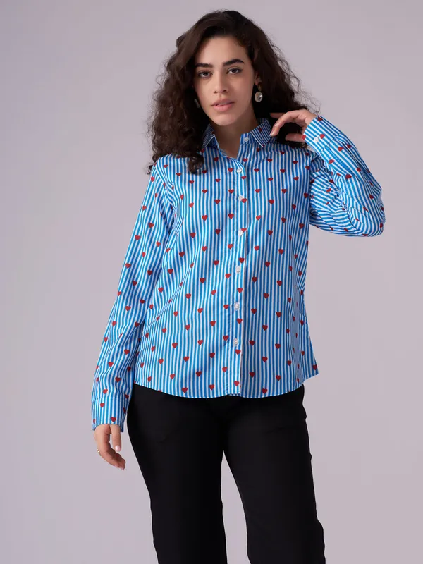 Sky_Blue_And_White_Striped_And_Heart_Printed_Shirt_For_Women
