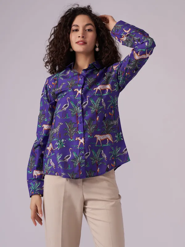 Blue_Safari_Print_Button-Down_Shirt_For_Women