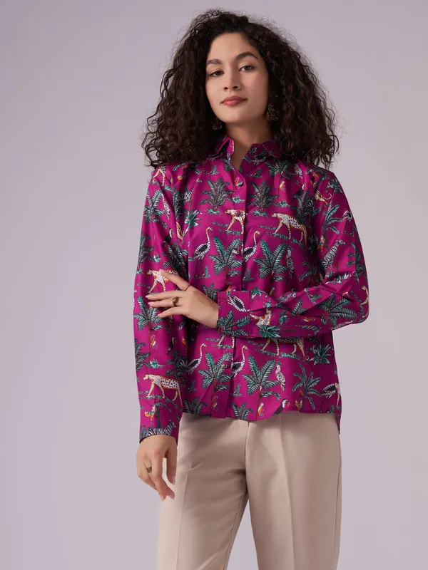 Pink_Pink_Safari_Print_Button-Down_Shirt_For_Women