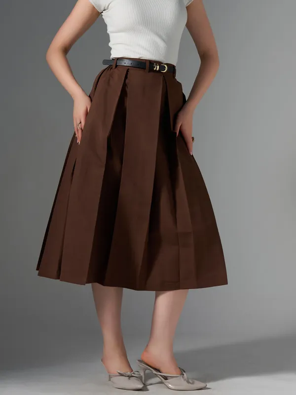 Coffee_Cotton_Midi_Fla_Pleated_Skirt_With_Belt_Loop_For_Women