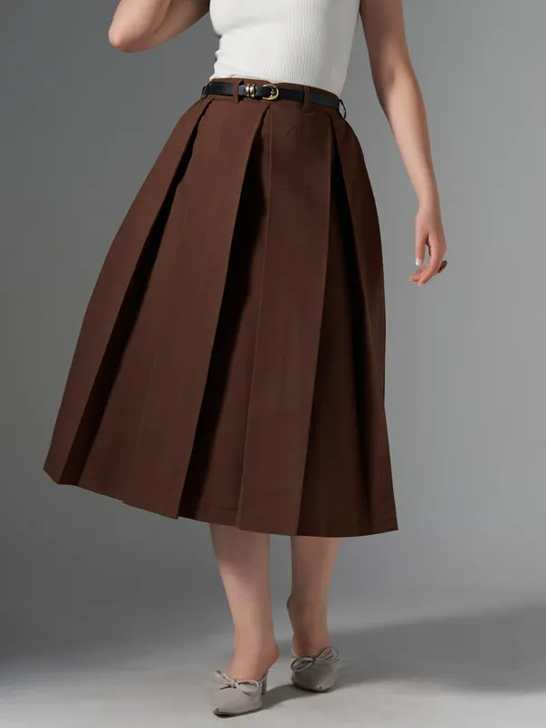 Coffee_Cotton_Midi_Fla_Pleated_Skirt_With_Belt_Loop_For_Women