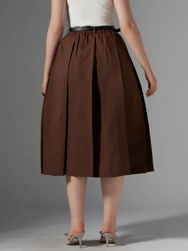 Coffee_Cotton_Midi_Fla_Pleated_Skirt_With_Belt_Loop_For_Women