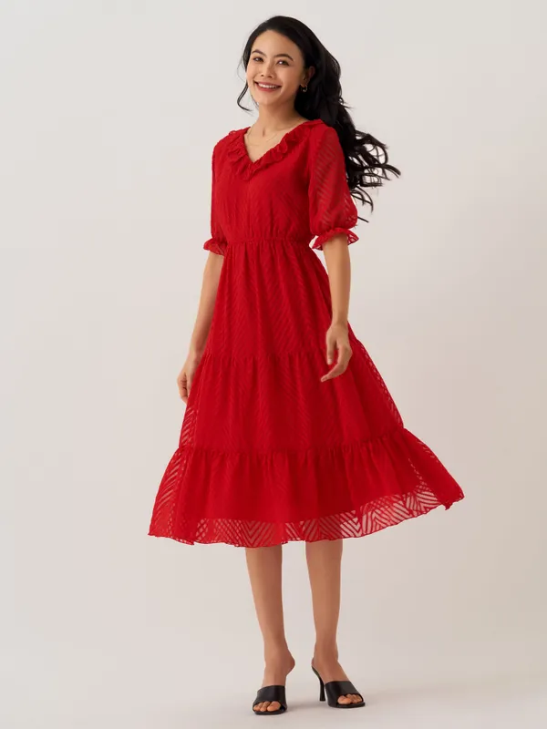 Red_Plain_And_Butta_Work_Dress_For_Women