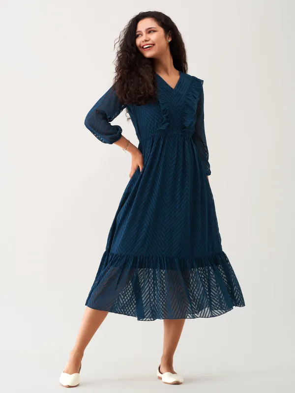 Teal_Plain_And_Teal_Butta_Work_Dress_For_Women
