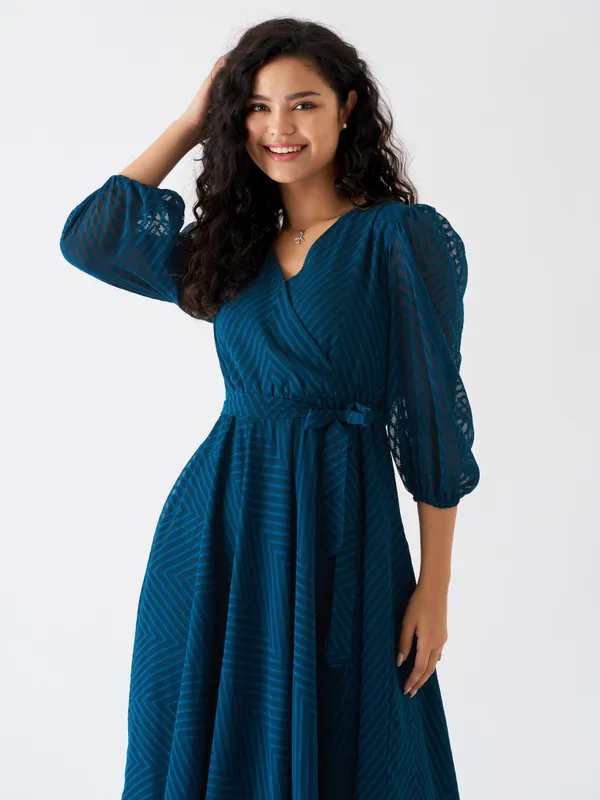Teal_Blue_Fancy_Plain_And_Designer_Dress_For_Women