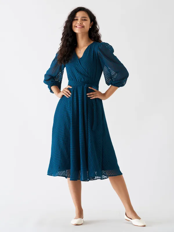 Teal_Blue_Fancy_Plain_And_Designer_Dress_For_Women