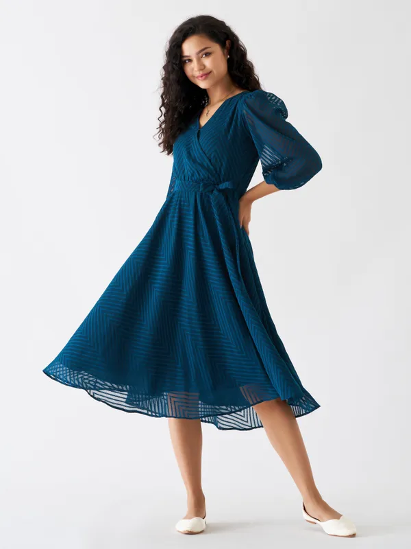 Teal_Blue_Fancy_Plain_And_Designer_Dress_For_Women