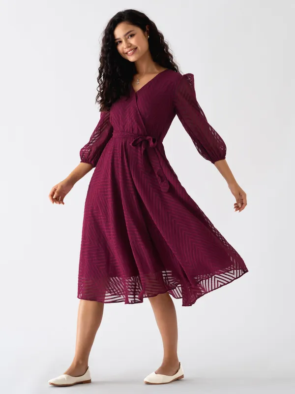 Wine_Fancy_Plain_And_Designer_Dress_For_Women