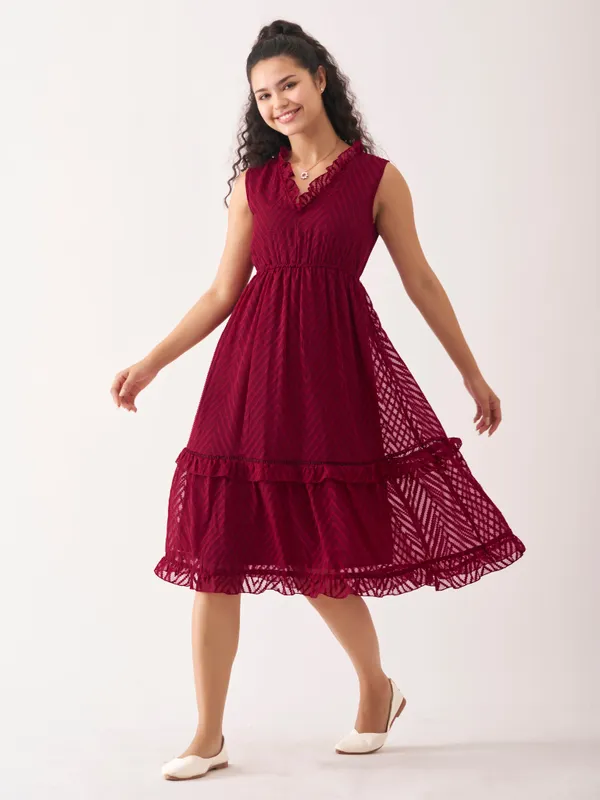 Maroon_Fancy_Plain_And_Designer_Dress_For_Women