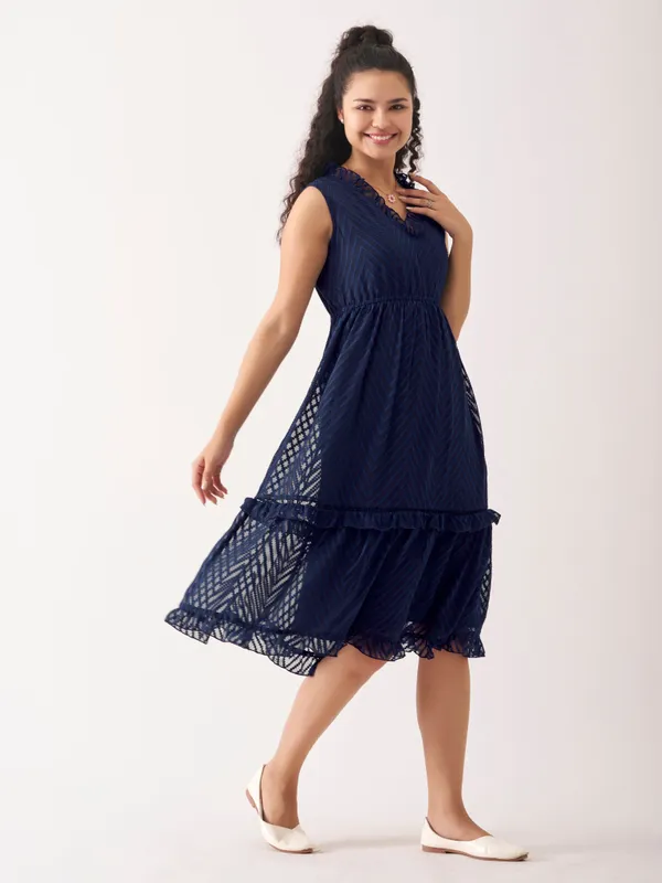 Navy_Blue_Fancy_Plain_And_Designer_Dress_For_Women