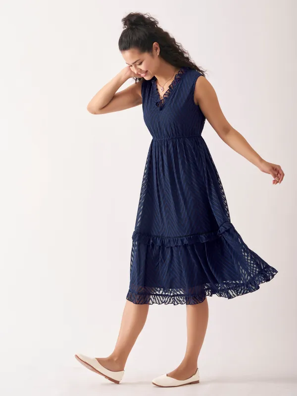 Navy_Blue_Fancy_Plain_And_Designer_Dress_For_Women