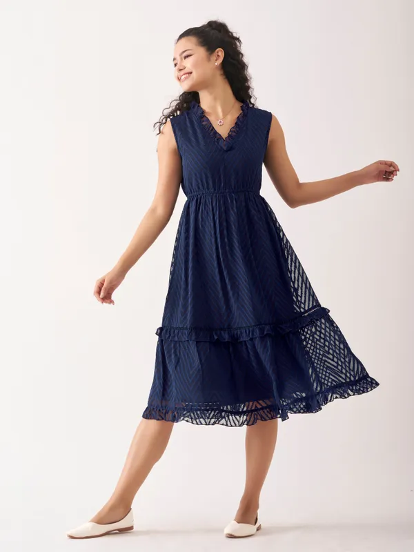 Navy_Blue_Fancy_Plain_And_Designer_Dress_For_Women