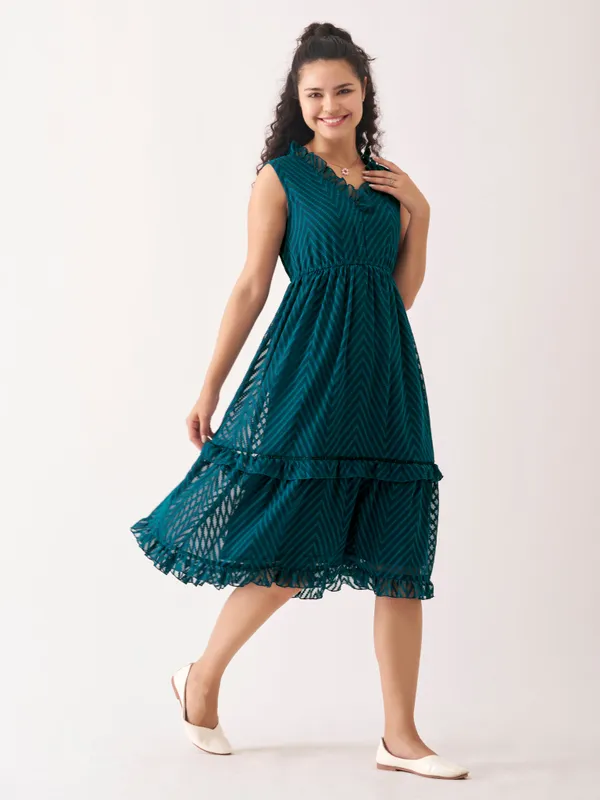 Teal_Blue_Fancy_Plain_And_Designer_Dress_For_Women