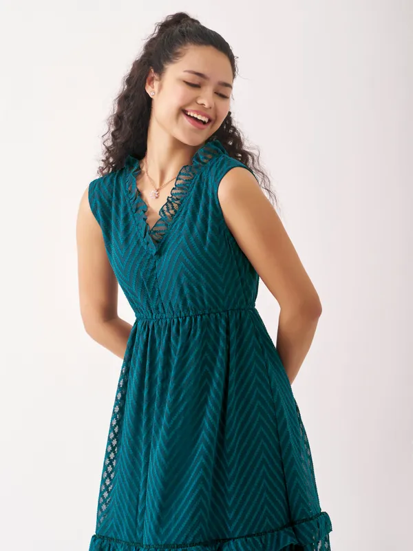Teal_Blue_Fancy_Plain_And_Designer_Dress_For_Women