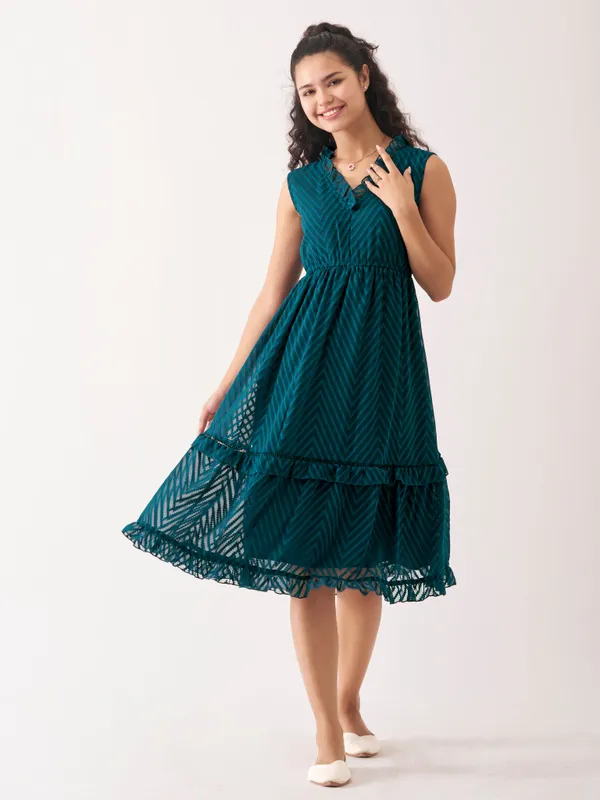 Teal_Blue_Fancy_Plain_And_Designer_Dress_For_Women
