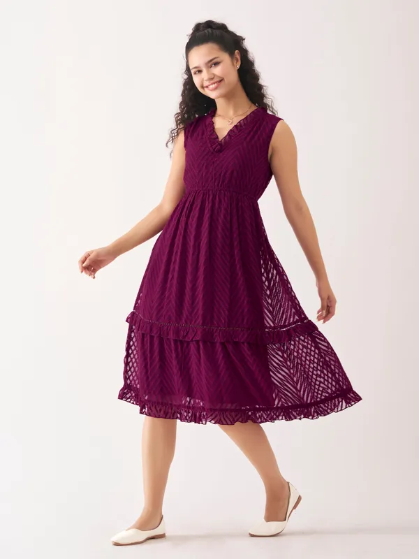 Wine_Fancy_Plain_And_Designer_Dress_For_Women