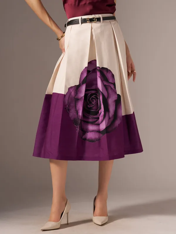 Wine_Cotton_Midi_Fla_Pleated_Skirt_With_Belt_Loop_For_Women