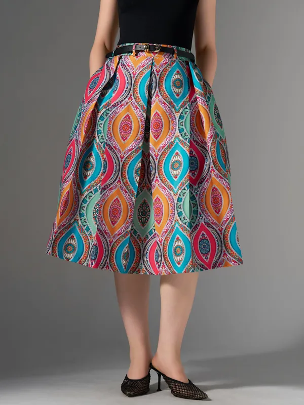 Multi_Cotton_Midi_Fla_Pleated_Skirt_With_Belt_Loop_For_Women